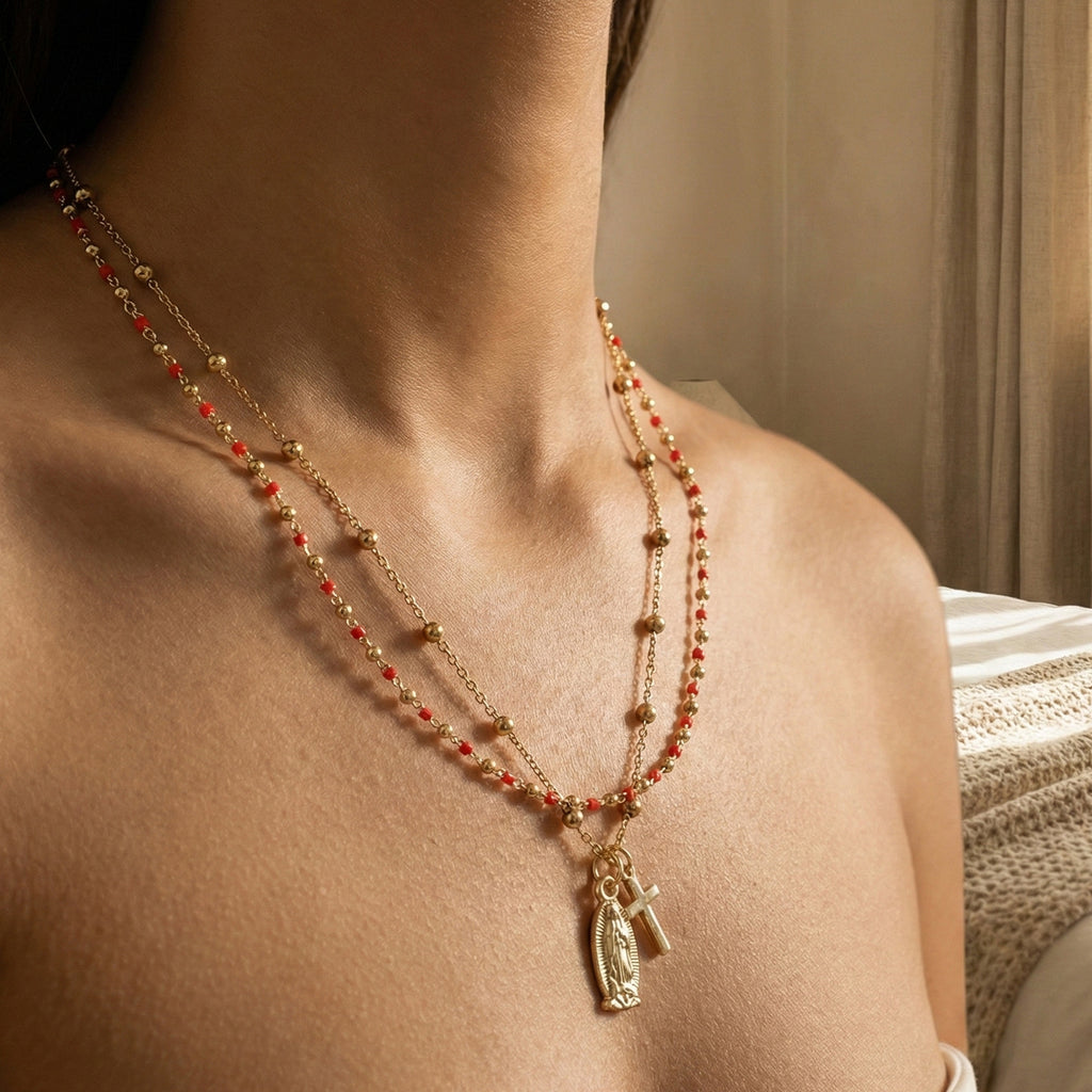 Red & Gold Beaded Double Layer Necklace | KAH Jewelry