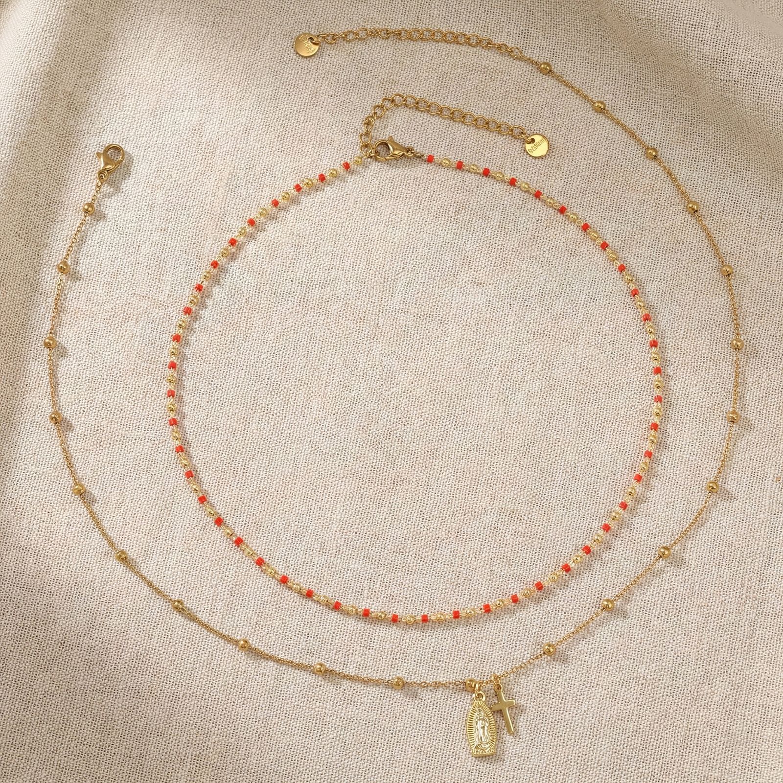 Red & Gold Beaded Double Layer Necklace | KAH Jewelry
