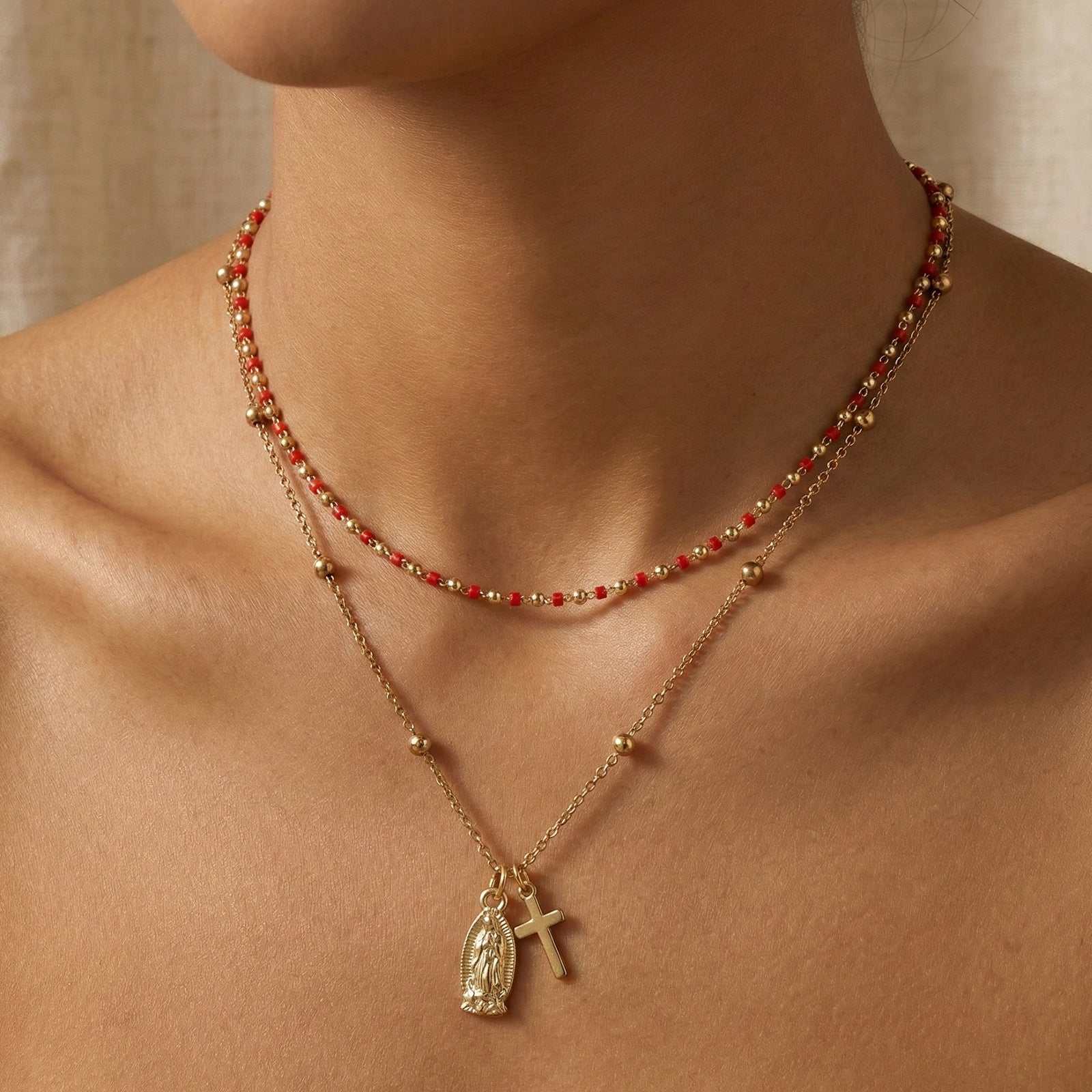 Red & Gold Beaded Double Layer Necklace | KAH Jewelry