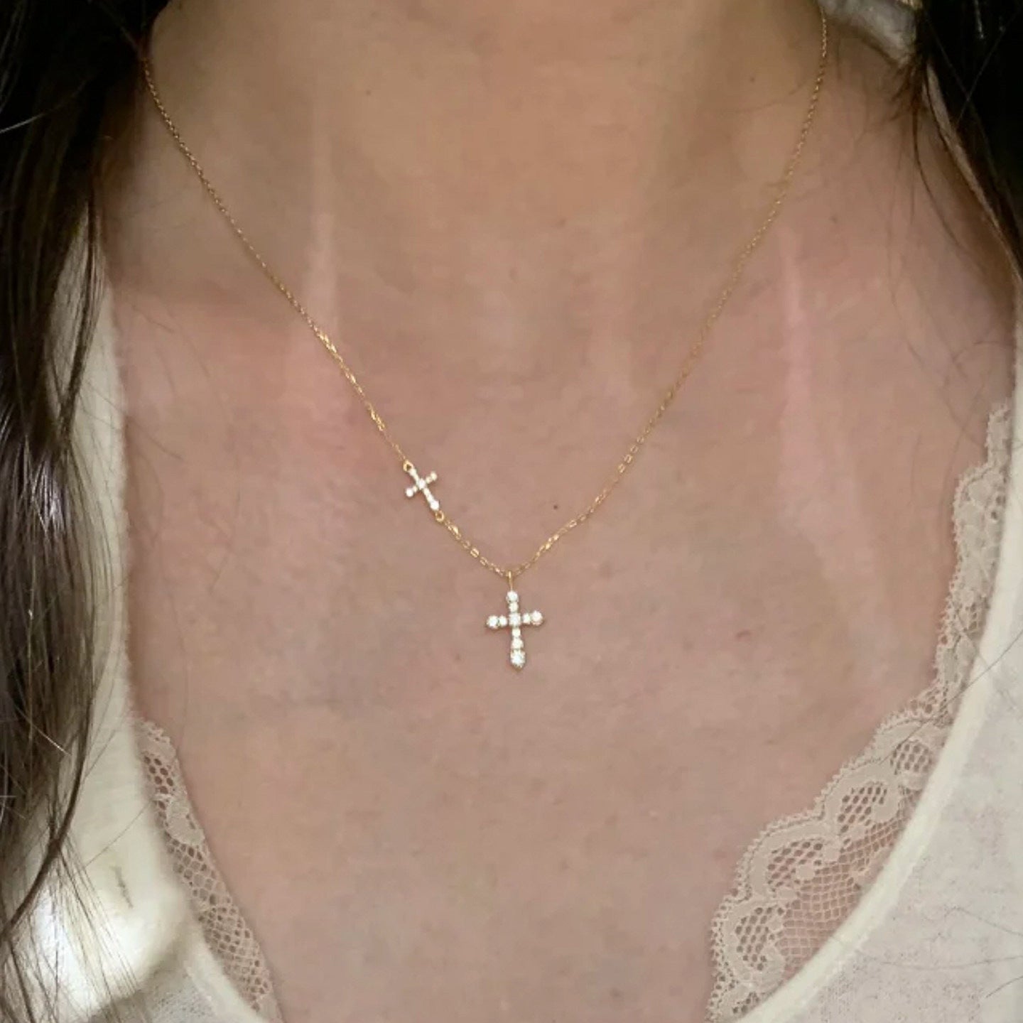 Full Diamond Double Cross Necklace