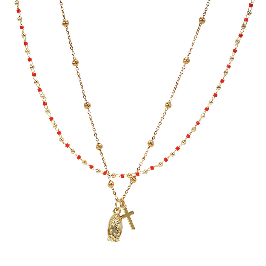 Red & Gold Beaded Double Layer Necklace | KAH Jewelry