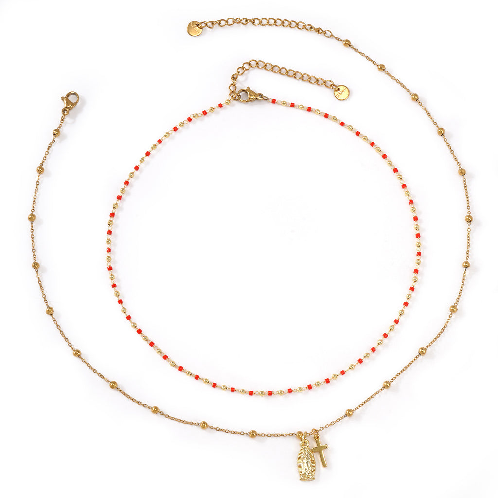 Red & Gold Beaded Double Layer Necklace