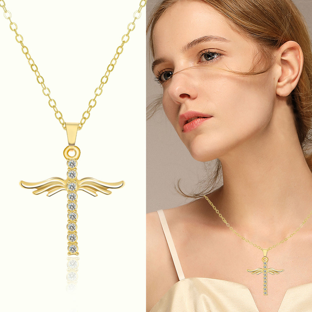 Angel Wings Cross Pendant Necklace | KAH Jewelry
