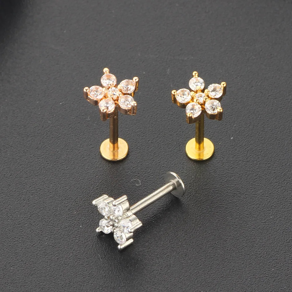 Crystal Flower Tragus Stud – 16G Cartilage Piercing