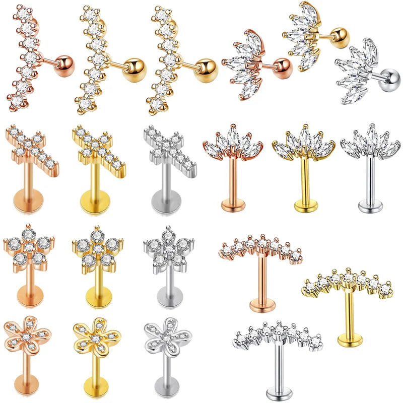 Crystal Flower Tragus Stud – 16G Cartilage Piercing