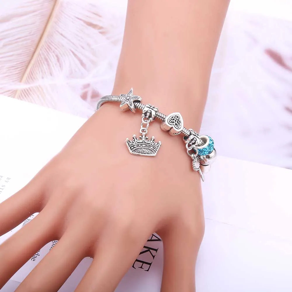 White Butterfly Crown Charm Bracelet
