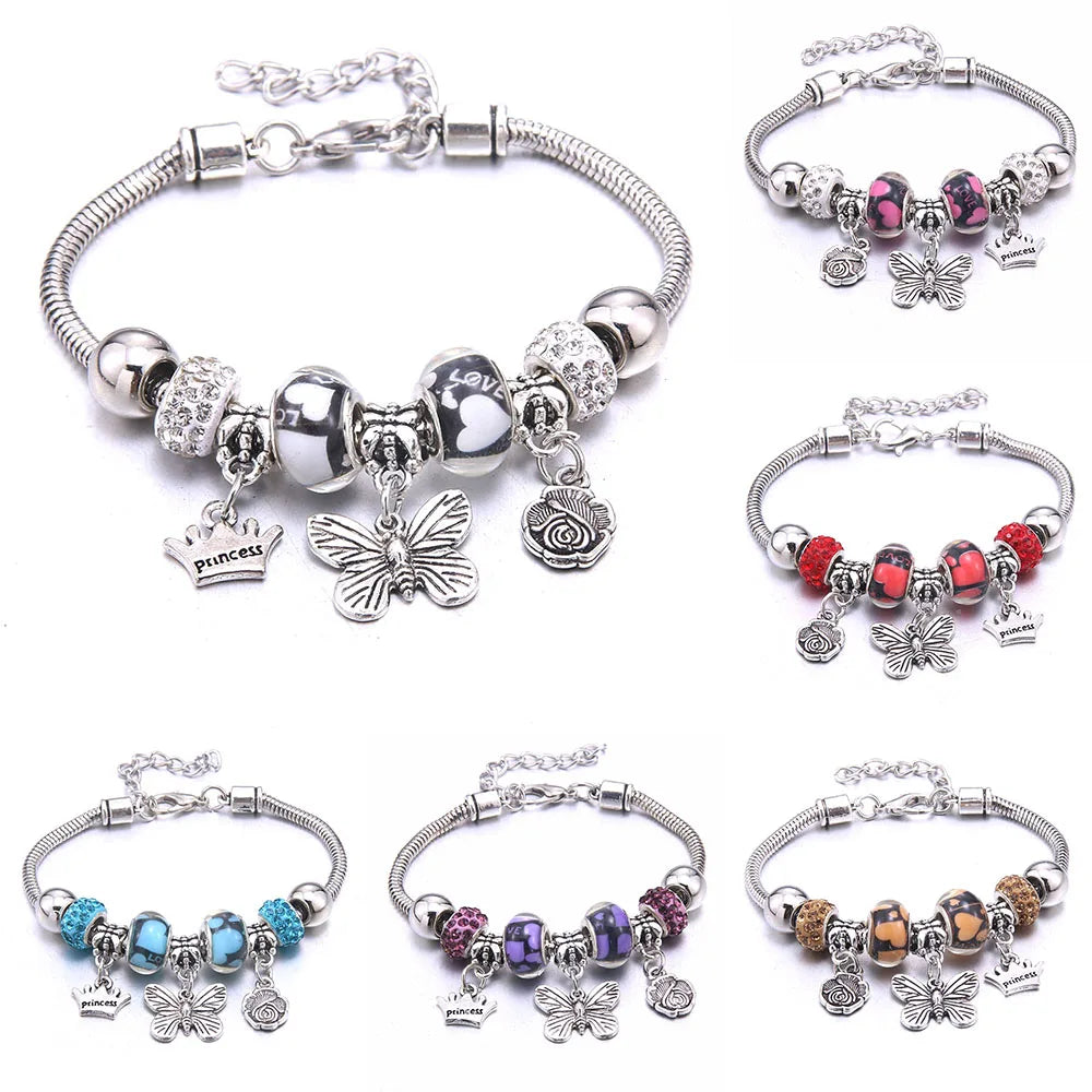 White Butterfly Crown Charm Bracelet