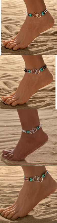 Double Heart Turquoise Elastic Anklet